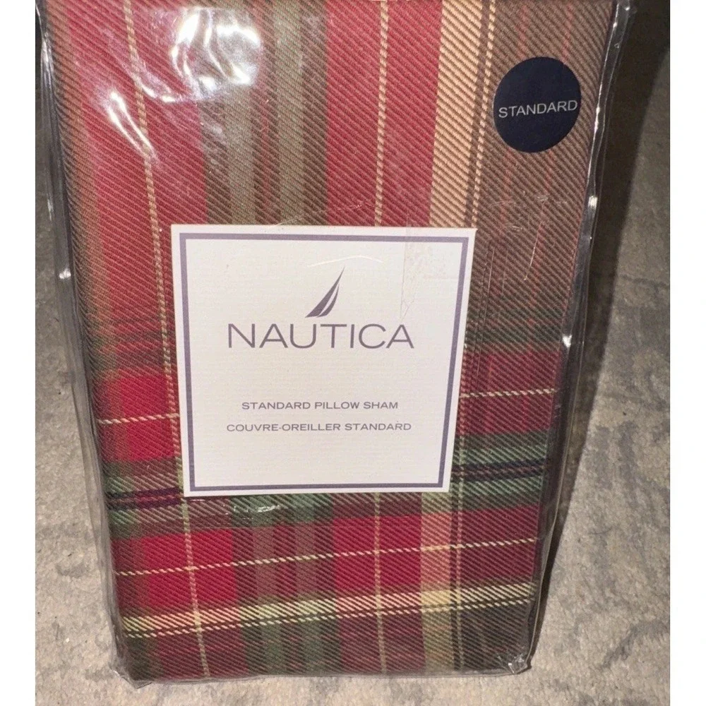 1 Nautica European Standard Pillow Sham Red Brown Brewster Plaid New
